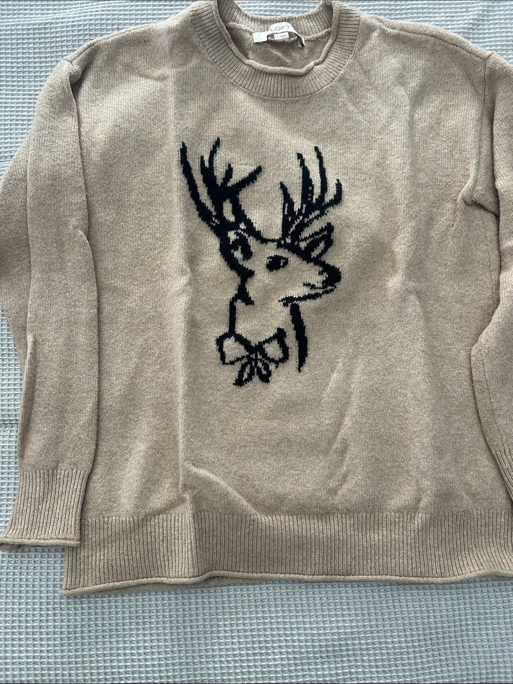 LOFT Beige Crewneck Sweater with Black Deer small